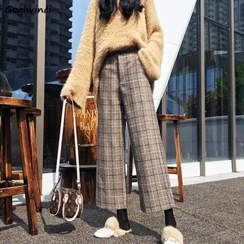 Plaid Pants Women Woolen Winter Fashion High Street Leisure Chic Elegant Skinny High Waist Straight Trousers Korean Harajuku New