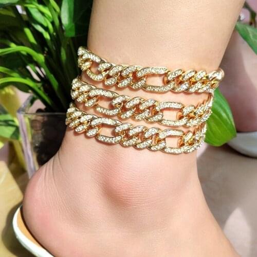 13mm Gold Silver Color Chunky Cuban Chain Anklets Bracelet for Women Iced Out Rhinestone Link Chain Anklet Hip Hop Foot Jewelry