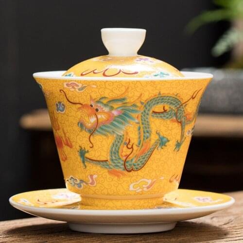 Enamel Phoenix Gaiwan Unique Dragon auspicious Tea Tureen tea set for milk oolong tea Bone china Cover bowl