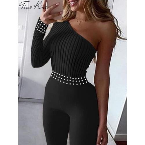 Single Shoulder backless Rompers Women Jumpsuit Long Sleeve Beads High-waist Jumpsuits Female 2021 Summer Lady Streetwear Romper