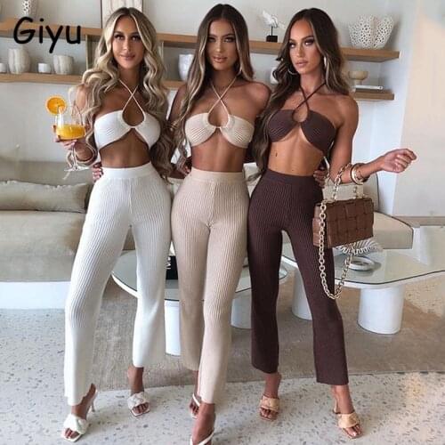 Giyu Halter Backless Two Piece Set Women 2021 Summer Club Party Crop Top Pants Sets Streetwear Sexy Slim 2 Piece Set Outfits