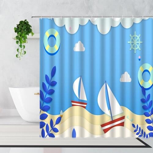 Creative Cartoon Shower Curtain Funny Tropical Beach Scenery Childrens Bathroom Decor Waterproof Bath Screen With Hooks Washable