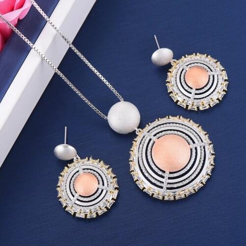 LARRAURI High Quality Charm Trendy Round Opal Pendant Drop Earrings/Neckalce Jewelry Sets For Women Bridal Wedding Jewelry Sets