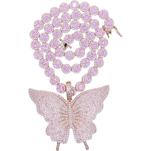 Iced Out Sparking Bling Cz Pink Pinky Tennis Chain Rose Butterfly Pendant Necklaces For Women Girl Charms Wedding Choker Jewelry