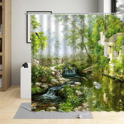 Oil Painting Scenery Shower Curtain Spring Creek Country Green Plants Tree Forest Pattern Bathroom Polyester Cloth Curtains Sets