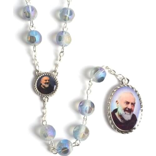 Fashion Round Faceted Frosted Glass Beads Rosary Necklace With St Pio Centerpiece and Pendant