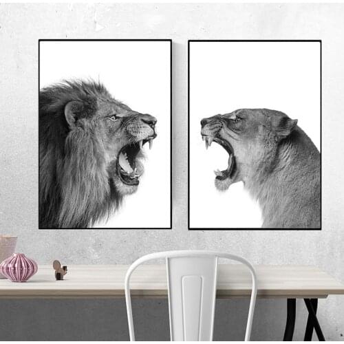 Mural with animal lion and lioness canvas poster black and white painting living room mural image wall pictures for living room