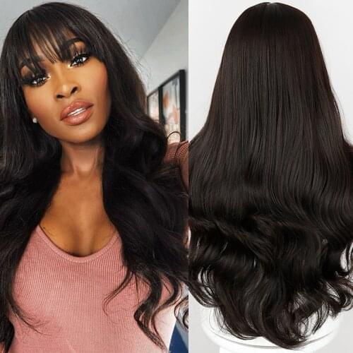 AZqueen Synthetic Long Wavy Hair Wigs with Bangs For Women Heat Resistant Fiber Black Brown Cosplay Party Synthetic Hair Wig
