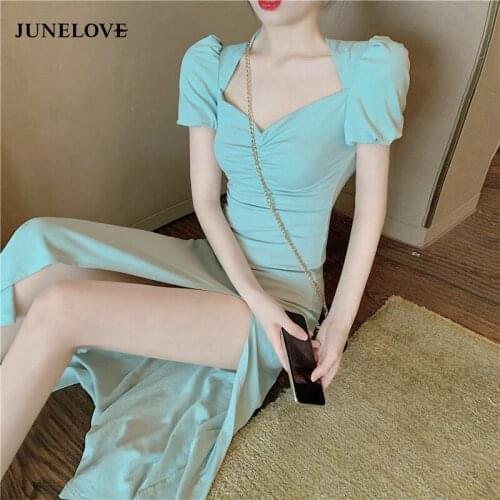 JuneLove Women Japan Korean Style Elegant Casual Summer Sexy Split Dress Vintage Female French Puff Sleeve Midi Party Vestidos