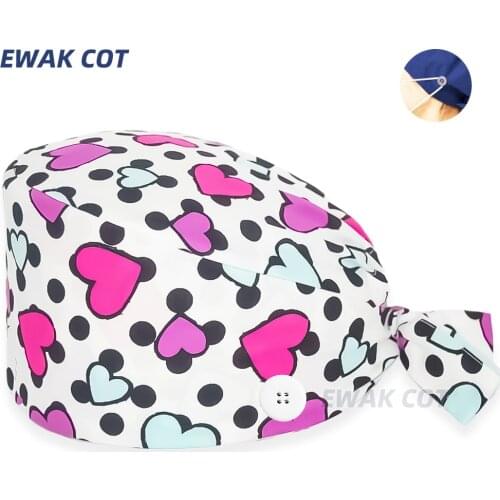 Adjustable Surgical Cap Buttons Sweat-Absorbent Towel Beauty Salon Pharmacy Lab Pet Doctor Caps Anime Print Nurse Hats for Women