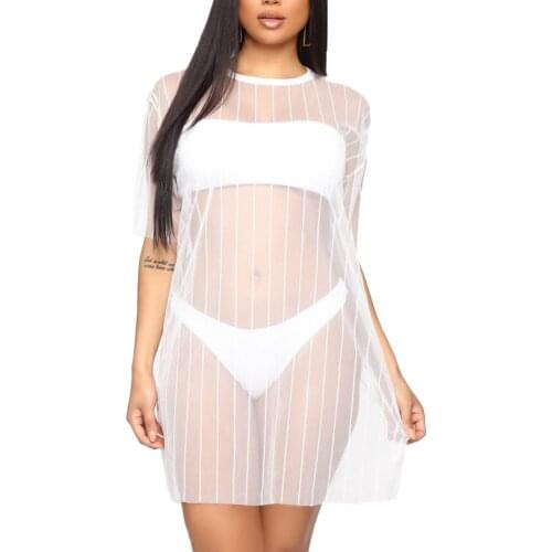 Sexy Women blouse See Through Short Sleeve Cover-up Sunscreen Beach Bikini Cover Shirt Dress