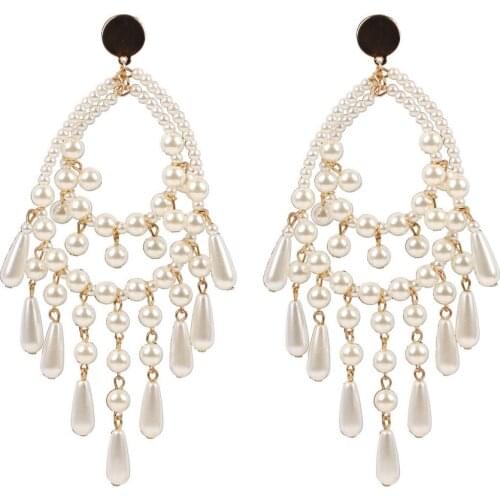 Big Size Long White Teardrop Bead Simulated Pearl Dangle Earrings Women Florate Brand Gold Color Metal Statement Drop Earrings