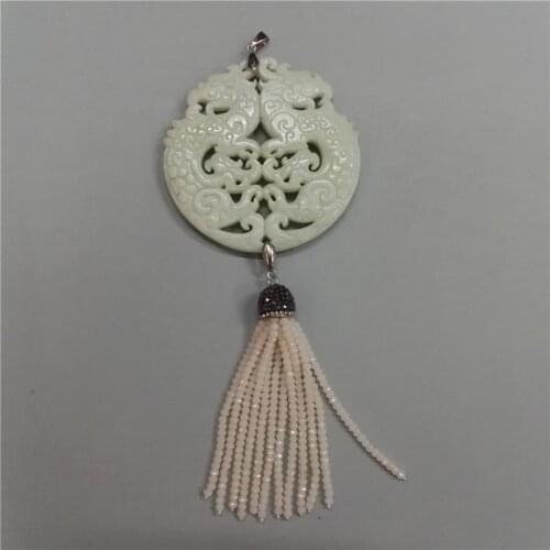 Charms Classic Vintage Traditional Chinese Ancient Vintage Pattern White Stone Beige Bead Tassel Hematite Chain Pendant Necklace