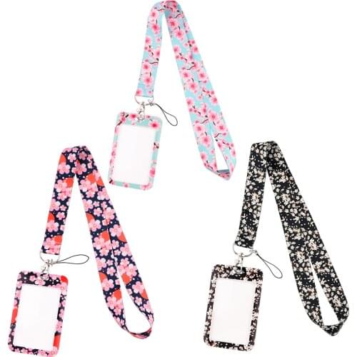 DB685 Cherry Blossoms Lanyard Badge Holder ID Card Lanyards Cell Phone Rope Key Lanyard Neck Straps Keychain Key Ring Decoration