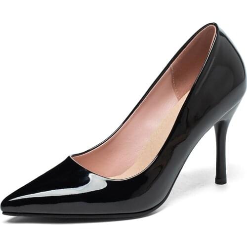 SmallHut New Spring Women Pumps Sexy Lady Fake Leather Black White Apricot Classic Shoes Woman Pointed Toe High Thin Heels M057