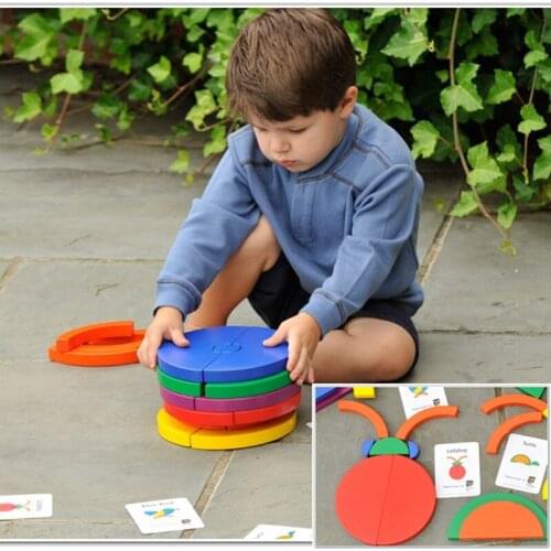 Super big wooden educational toy diy multicolour three-dimensional building circle blocks set with pattern cards toys