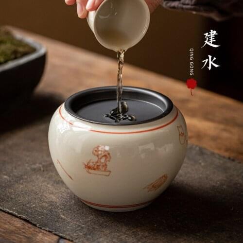 Grass Gray Glaze Japanese Ceramic Tea Basin Tea Residue Barrel with Tin Cover Tea Basin Cup Wash Kung Fu Tea Ceremony Utensils