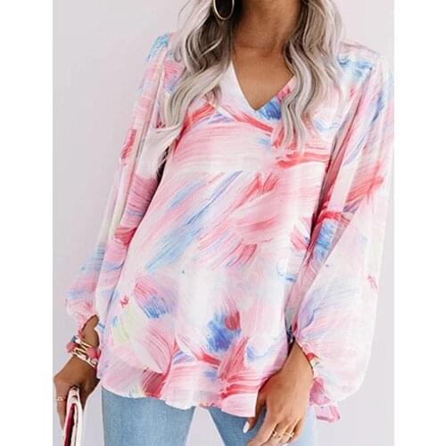 Women Fashion V Neck Long Puff Sleeve Scrawling Print Loose Blouse Shirt Top