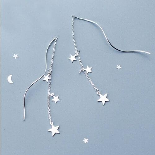 MloveAcc Elegant Stars Charm Chain Earrings for Women Wedding Boho Long Chain Tassel Silver 925 Jewelry Gift