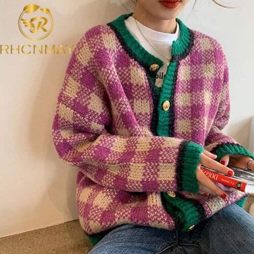 Women Knitted Sweaters Female Cardigans Tops 2021 Autumn Plaid Contrast O-Neck Office Lady Elegant Warm Casual All-Match