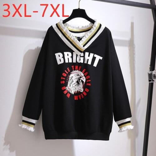 New Ladies Autumn Winter Plus Size Tops For Women Large Long Sleeve Loose Black Print Cotton Thick T-shirt 3XL 4XL 5XL 6XL 7XL