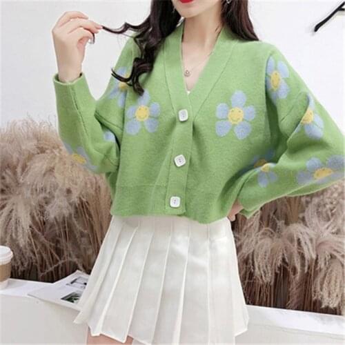 QRWR 2020 Spring Autumn Sweater Women Korean Style Flower Knitted Cardigans V Neck Loose Short Casual Thicked Coat Sweater