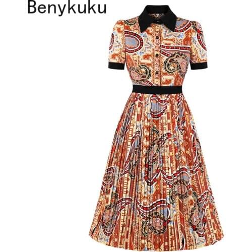 Multicolor Print Women Pleated Dress Turn Down Collar Button Up Short Sleeve Christmas Dress 2020 Elegant Swing Party Dresses