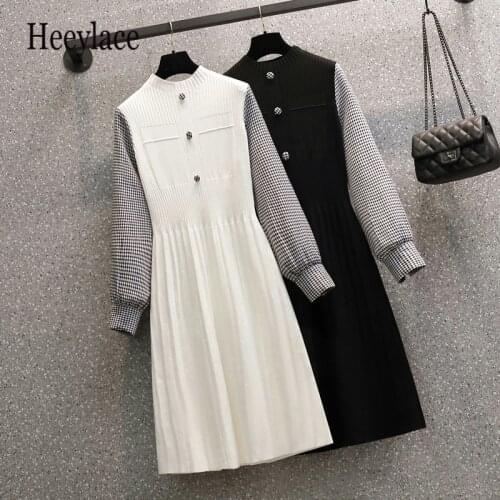 Plus Size Dresses Fall Winter Long Sleeve Patchwork Turtleneck Knitted Sweater Dresses Female French Vintage Pullover 4XL Dress