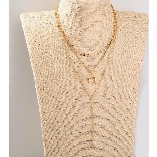 Vintage Fashion Boho Gold Bead Chain Disc Artificial Pearl Horn Pendant Necklace For Women Multilevel Collar Jewelry Party Gift