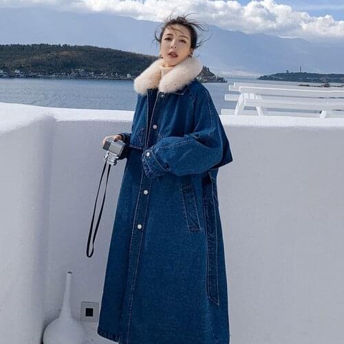 Denim Parker Jacket Womens Long Over Knee Winter Overcoat 2021 New Trend Plus Velvet Thick Denim Cotton-padded Jackets e119