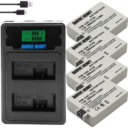 4pcs LPE5 LP-E5 LP E5 Battery +TYPE-C Dual Charger for For Canon 450D 500D 1000D Kiss X2 X3 F Rebel XSi Xli XS L15 camera