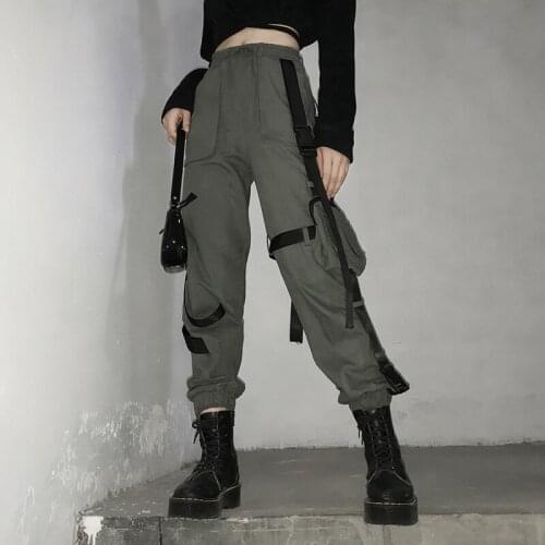 AHVIT Casual Pockets Button Decorate Streetwear Long Pants Hight Waist Lace Up Fashion Women Cargo Pants EHP6886W07