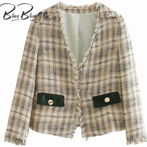 BlingBlingee Za 2021 Autumn Woman Traf Coats Raw Edge Tweed Woolen Open Stitch Slim Blazers Patchwork Casual Plaid Jackets