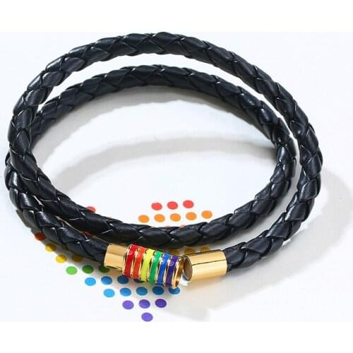 2021 LGBT Stainless Steel Metal Rainbow Magnetic Clasp Two Circles Double Layer Multilayer PU Leather Bracelet For Couples