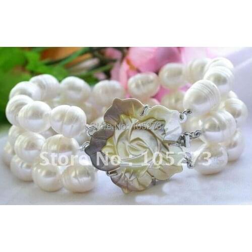 3Rows AA 11-14MM White Rice Freshwater Cultured Pearl Bracelet Sea Shell Flower Clasp Fashion Womens Jewelry Wholesale FN2009