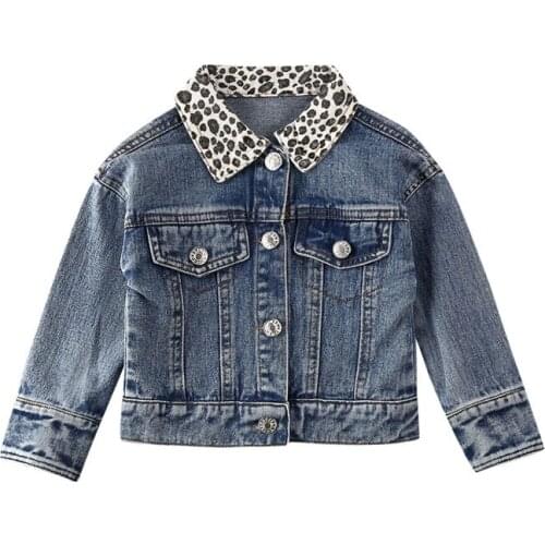 Kids Fashion Coat Baby Girls Leopard Printed Collar Denim Jacket Coat Kids Autumn Warm Outerwear Kids Coat