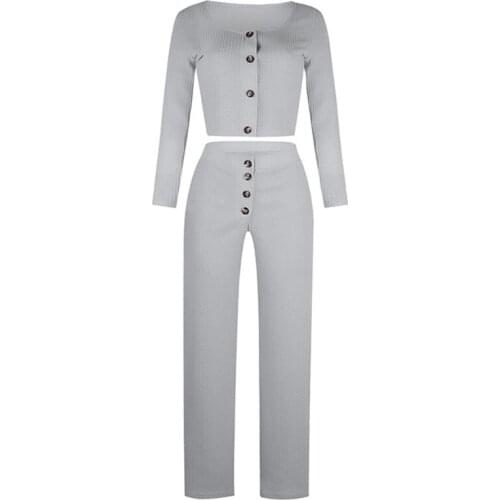 Women Ribbed Knit 2Pcs Outfits Autumn Long Sleeve Sexy Square Neck Buttons Cardigan Top Wide Leg Pants Solid Color Casual Suit