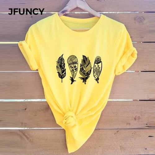 JFUNCY Plus Size Feather Print T Shirt Women Oversize Summer T-shirts Female Cotton Short Sleeve Tees Top Woman Casual Tshirt