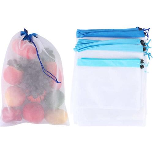12PCS Reusable Produce Mesh Bags Polyester Fruit Vegetable Mesh Storage Drawstring Shopping Bag Mesh Shopping Bags Storage