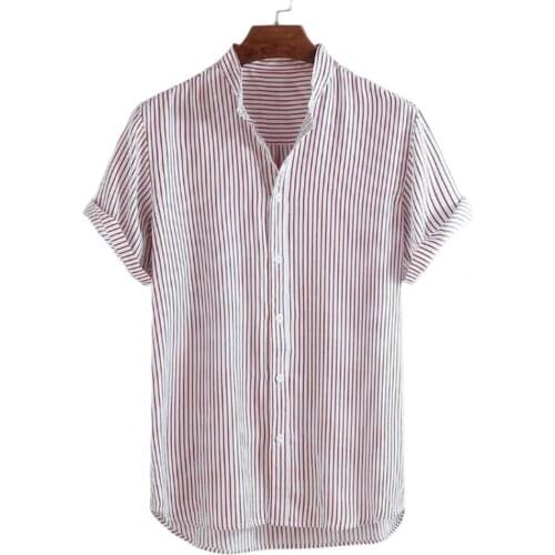 Men Shirt Fashion Casual Striped Stand Collar Summer Short Sleeve Loose Top Party Streetwear Male Shirt