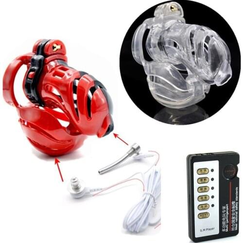 Male Electric Shock Chastity Cage Scrotum Ring Penis Bondage Sleeve Chastity Lock Testicles Stimulation Sex Toys for Men G7-2-23