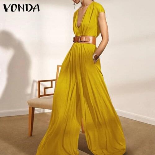 VONDA Sexy Deep V Neck Long Jumpsuits Wide Leg Long Trousers Palazzo Pantalon Retro OL Office Overalls Vintage Trouser