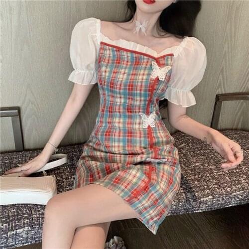Dresses for Women 2021 Dress Female Cheongsam off-Shoulder Butterfly Clasp Plaid Puff Sleeve Skirt Vestido De Mujer Femme Robe