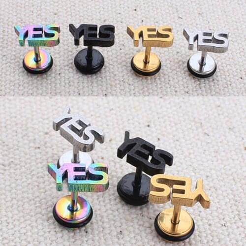 2 pieces cute YES Letters Words men women Ear pierced Stud Earring Titanium steel earring unisex type Steel black gold colorful