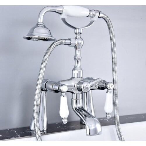 Modern Silver Chrome Brass Deck Mounted Bathroom Tub Faucet Set with 1500MM Handheld Shower Spray Head Bath Mixer Tap 2tf765