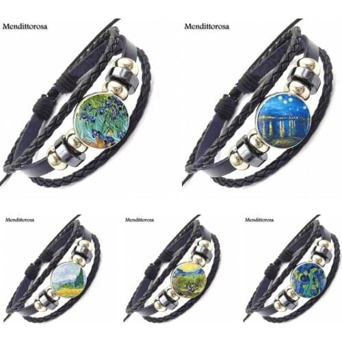 Van Gogh Irises Harajuku Jewelry With Glass Cabochon Black Leather Bracelet Bangle For Woman Vintage Statement Necklace