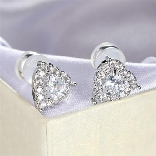 Vintage Silver Color Heart Stud Earrings Female Dainty White Zircon Small Earrings Fashion Crystal Stone Love Earrings For Women