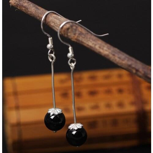 925 Sterling Silver Vintage Obsidian Beads Drop Earrings For Women High Quality Lady Prevent Allergy Sterling-silver-jewelry