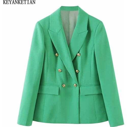KEYANKETIAN Spring and Autumn Womens Fashion Retro Green Blazer Chic Pocket Blazer Women Office Jacket