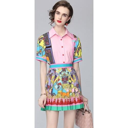 Summer Print Skirts Womens 2 Two Pieces Sets Elegant Short Sleeve Blouse Shirt Tops + Fashion Pleats Short Pleated Skirts Suits